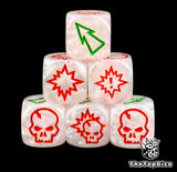 Close up of three ghost white 16mm block dice with red symbols for resolving blocks