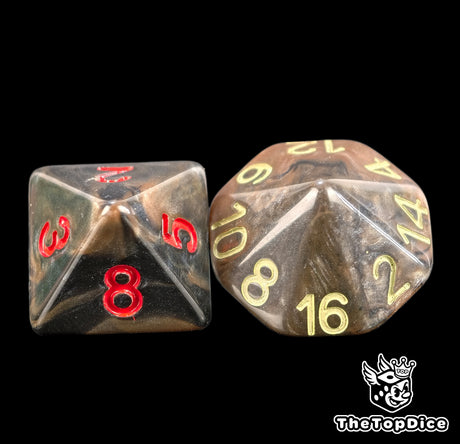 Close up of the brown 16mm D8 with red numbers and a D16 in bone from the Undead Zombie Hand Blood Bowl dice set