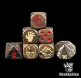 Zombie hand fantasy football dice set of seven 16mm resin dice in brown and black with bone logos