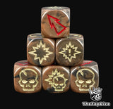 Close up of three brown and black 16mm block dice with bone symbols for resolving blocks