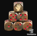 Close up of two brown D6 with a bone zombie hand on the six face and red pips