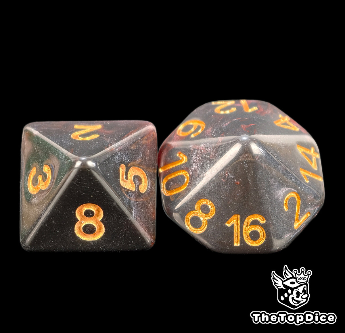 Close up of a red and black D8 and D16 with gold numbers for scatter and long range rolls