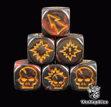 Close up of three red and black 16mm block dice with gold symbols for resolving blocks