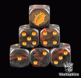 Close up of two red and black D6 with a gold spiked ball crest on the six face and gold pips