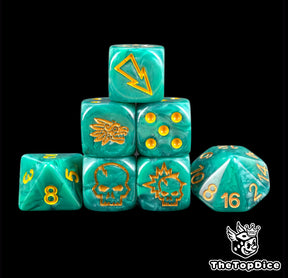 Feathered serpent fantasy football dice set of seven 16mm resin turquoise dice with gold logos