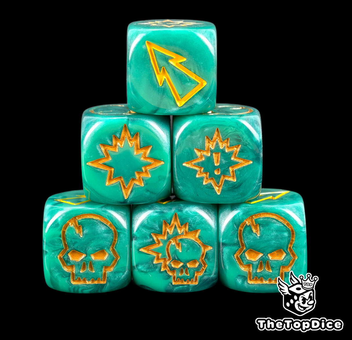 Close up of three turquoise 16mm block dice with gold symbols for resolving blocks