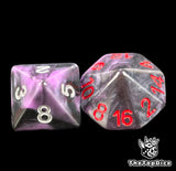 Purple and black 16mm D8 with silver numbers and D16 with red numbers from the Clawed Heart Blood Bowl dice set