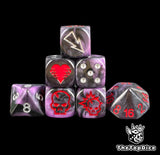 Purple and black Clawed Heart fantasy football dice set of seven 16mm resin dice with a red heart crest for Blood Bowl