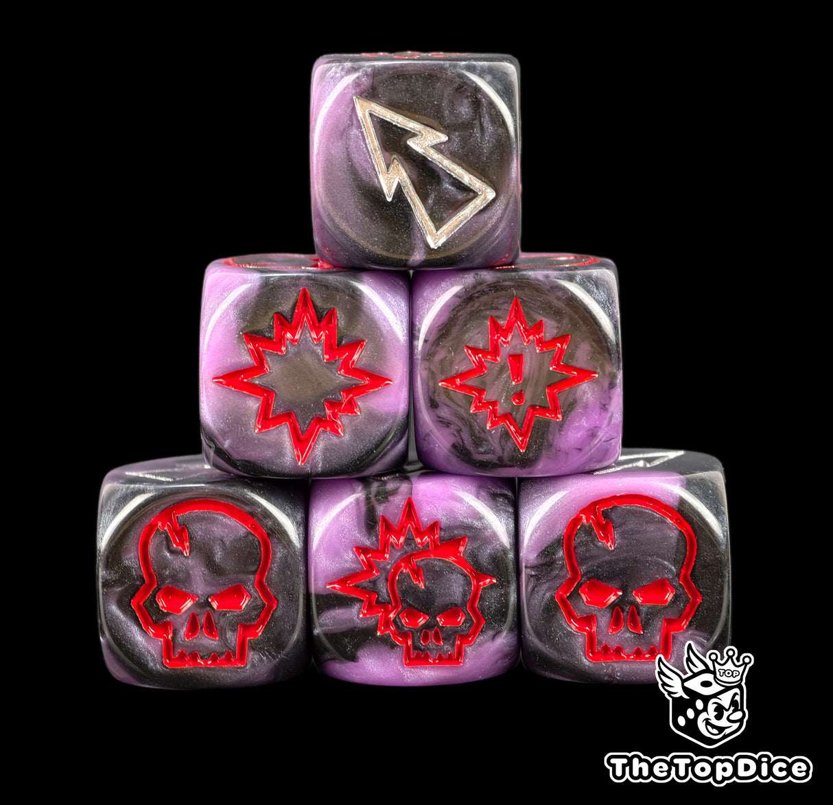 Three purple and black 16mm block dice with red skull and burst symbols and a silver arrow for Blood Bowl