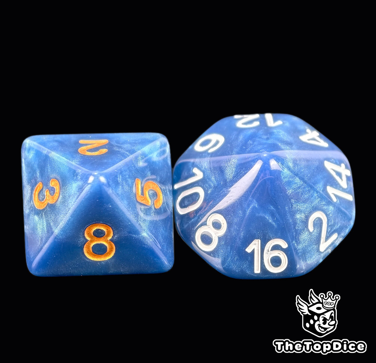 Blue 16mm D8 with gold numbers and D16 with white numbers from the Winged Star Elven Union Blood Bowl dice set