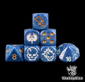 Blue and gold Winged Star fantasy football dice set of seven 16mm resin dice with a white winged star crest for Blood Bowl