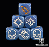 Three blue 16mm block dice with white skull and burst symbols and a gold arrow for Blood Bowl