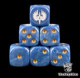 Two blue 16mm D6 with gold pips and a white winged star crest on the six for Blood Bowl