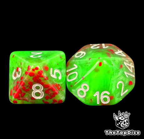 Green 16mm D8 and D16 flecked with red blood spatter and numbered in white for Blood Bowl