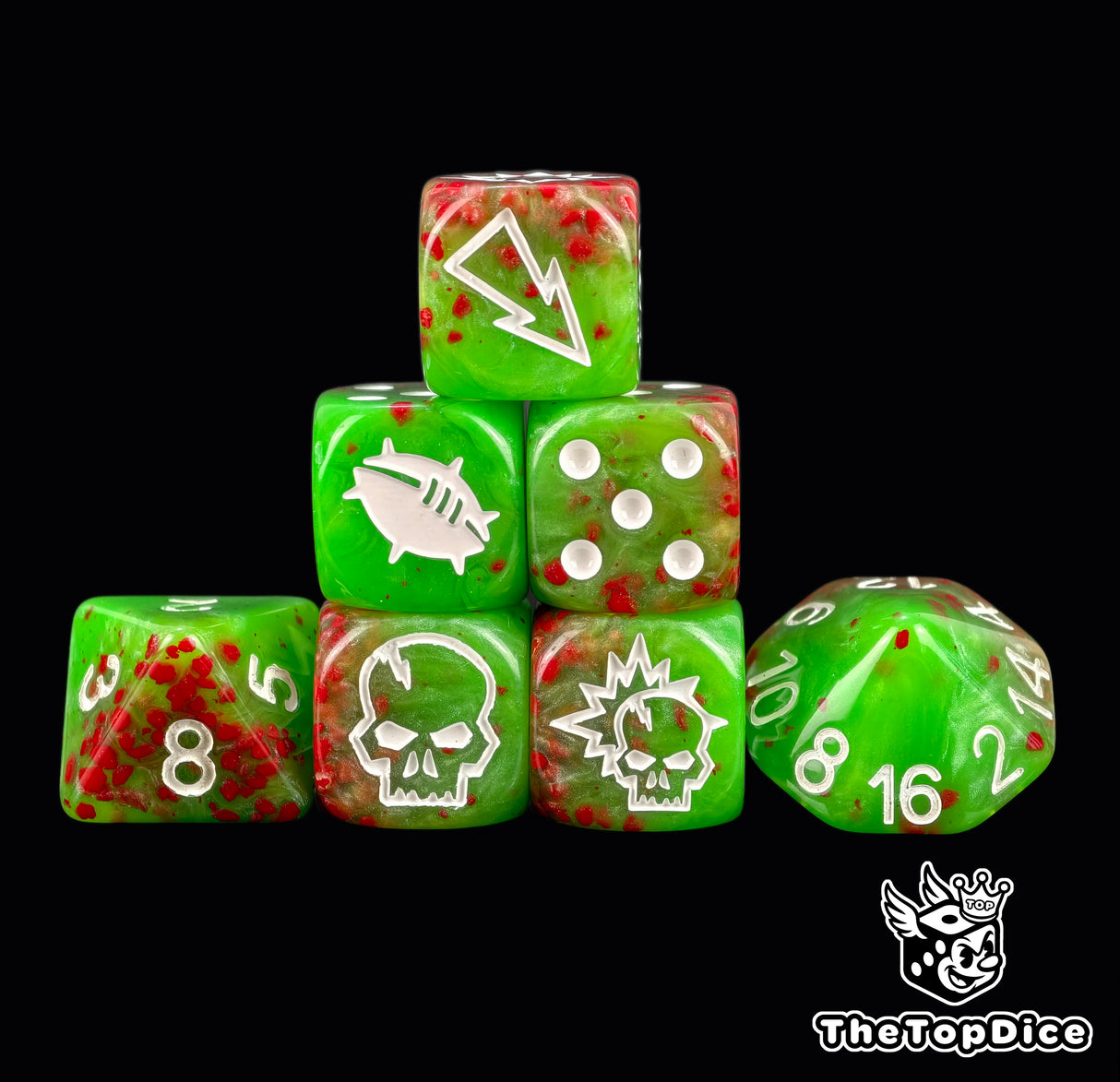 Green and blood red Bloody Pitch fantasy football dice set of seven 16mm resin dice with white logos for Blood Bowl