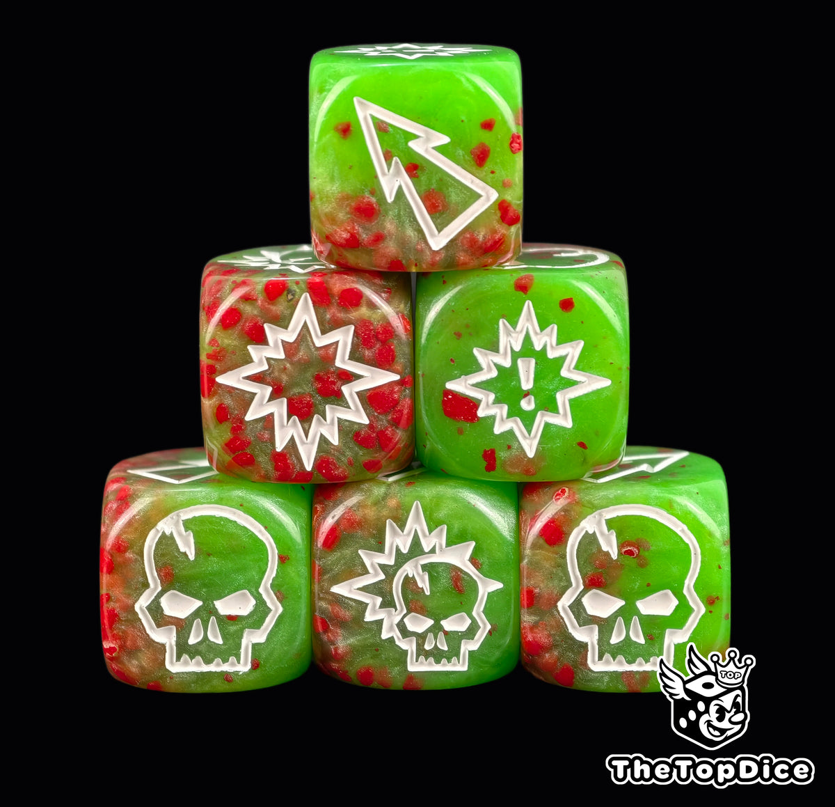 Three green 16mm block dice flecked with red, showing white skull, burst and arrow symbols for Blood Bowl