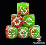 Three green 16mm block dice flecked with red, showing white skull, burst and arrow symbols for Blood Bowl