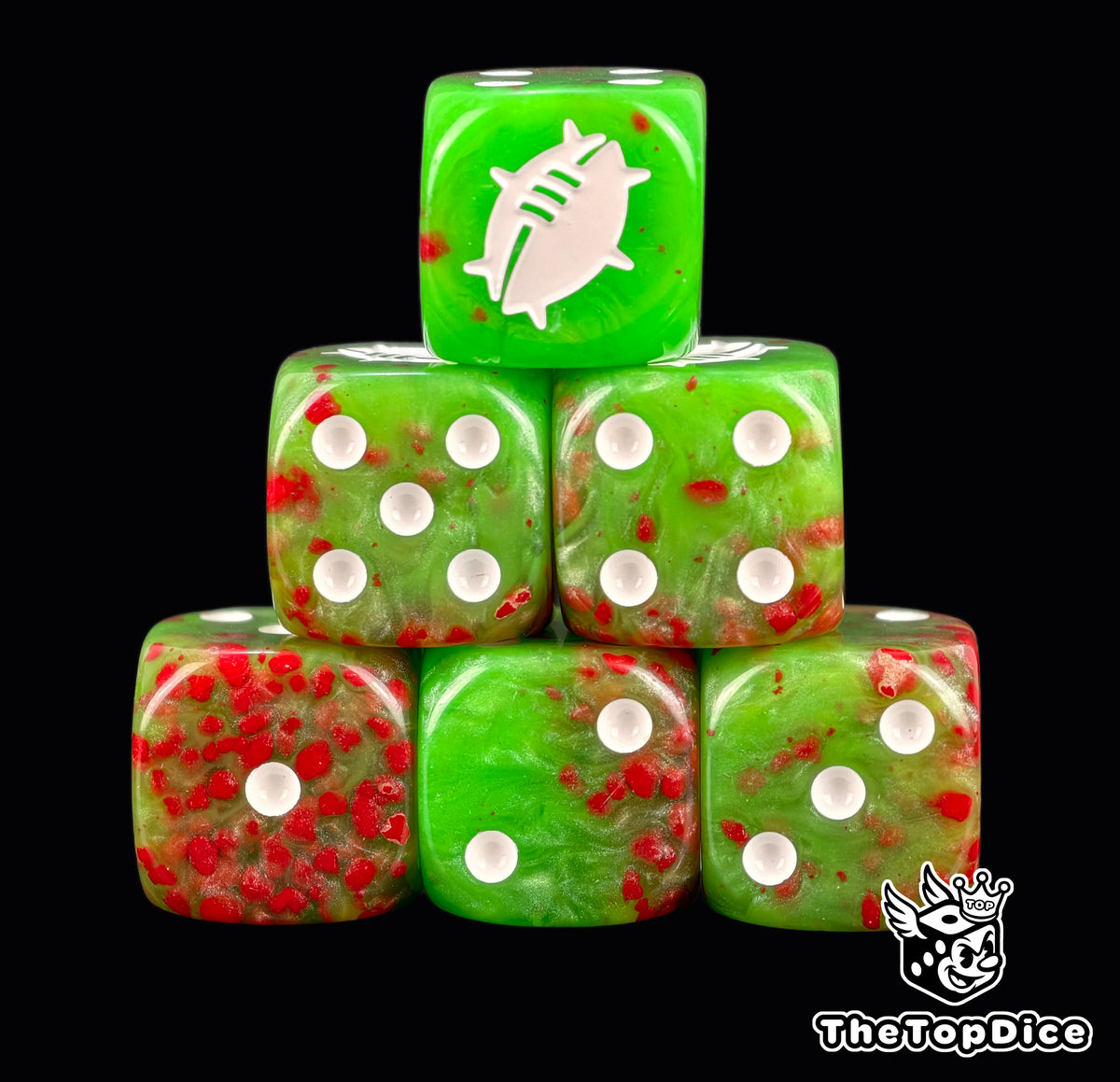 Two green 16mm D6 flecked with red blood spatter, white pips and a white spiked ball crest on the six