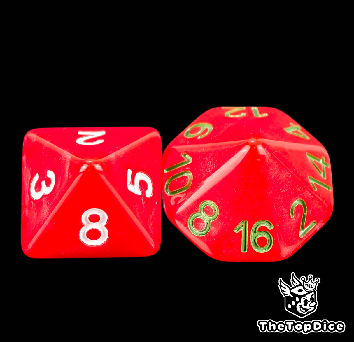 Red 16mm D8 with white numbers and D16 with green numbers from the Orc Skull Grin Blood Bowl dice set