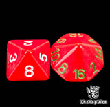 Red 16mm D8 with white numbers and D16 with green numbers from the Orc Skull Grin Blood Bowl dice set