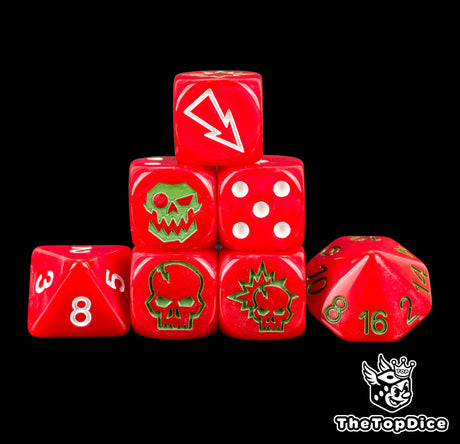 Red and green Orc Skull Grin fantasy football dice set of seven 16mm resin dice with a green orc skull for Blood Bowl