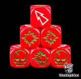 Three solid red 16mm block dice with green skull and burst symbols and a white arrow for Blood Bowl