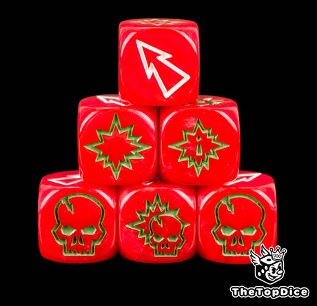 Three solid red 16mm block dice with green skull and burst symbols and a white arrow for Blood Bowl