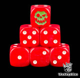 Two solid red 16mm D6 with white pips and a grinning green orc skull crest on the six for Blood Bowl