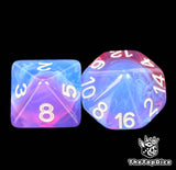 Translucent red and blue 16mm D8 and D16 numbered in white from the Storm Glass Blood Bowl dice set