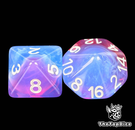 Translucent red and blue 16mm D8 and D16 numbered in white from the Storm Glass Blood Bowl dice set