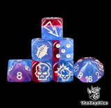 Translucent red and blue Storm Glass fantasy football dice set of seven 16mm resin dice with white logos for Blood Bowl