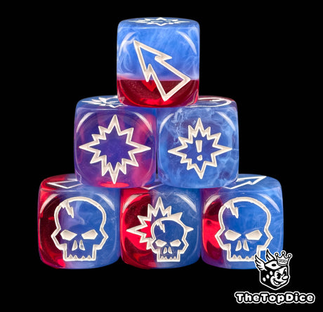 Three translucent red and blue 16mm block dice with white skull, burst and arrow symbols for Blood Bowl