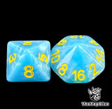 set de dados blood bowl basicos de base de color azul y TODOS los logos de color amarillo compatible con todos los equipos de blood bowl