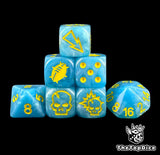set de dados blood bowl basicos de base de color azul y TODOS los logos de color amarillo compatible con todos los equipos de blood bowl