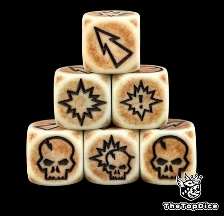 Three aged bone 16mm Blood Bowl block dice with black skull, burst and arrow faces