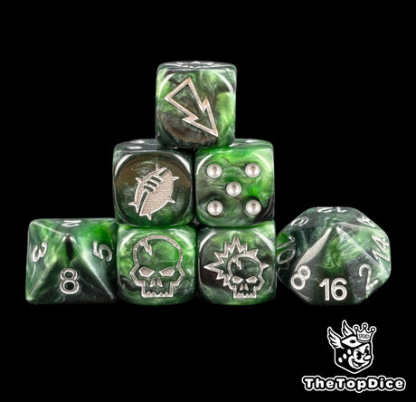 Emerald Steel Blood Bowl dice set of seven green and black 16mm resin dice with silver logos and a laced leather ball crest
