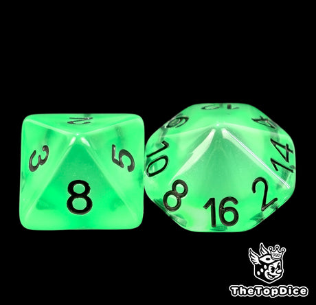Glow in the dark green 16mm D8 and D16 numbered in black for Blood Bowl