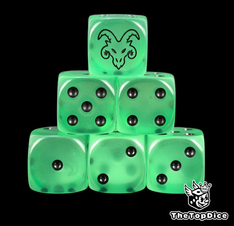 Six glow in the dark green 16mm D6 with black pips and a black horned rat head on the six