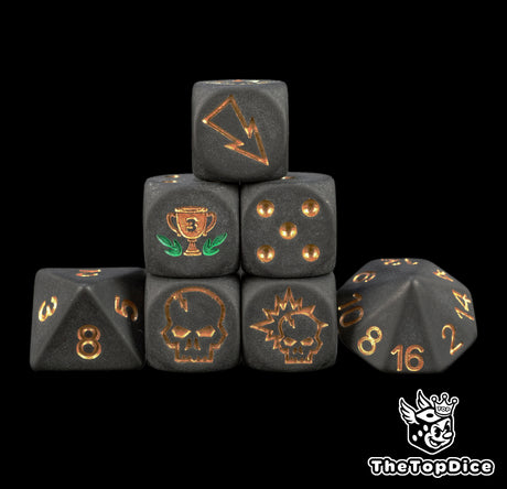 Bronze Trophy Blood Bowl dice set of seven matte black 16mm resin dice with bronze logos and a trophy cup crest