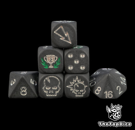 Silver Trophy Blood Bowl dice set of seven matte black 16mm resin dice with silver logos and a trophy cup crest