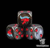 Three black 16mm Tyranid D6, the red alien head facing front beside red pips