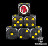 Six black Red Scorpions dice stacked, red scorpion in a white circle above yellow pips