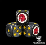 Three black 16mm Red Scorpions D6, the red scorpion badge facing front beside yellow pips