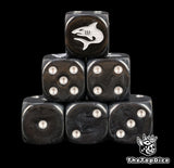Six black Space Sharks dice stacked, white shark above silver pips