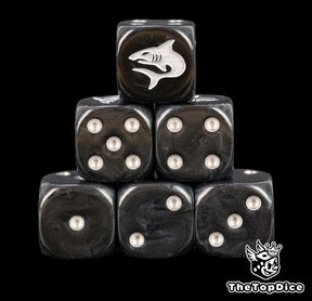 Six black Space Sharks dice stacked, white shark above silver pips