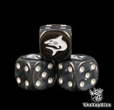Three black 16mm Carcharodons D6, the white shark facing front beside silver pips