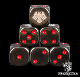 Six black Raven Guard dice stacked, silver raven above red pips