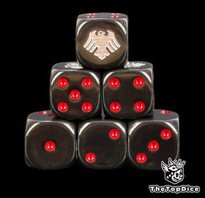 Six black Raven Guard dice stacked, silver raven above red pips