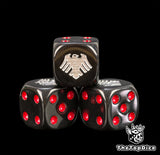 Three black 16mm Raven Guard D6, the silver raven facing front beside red pips