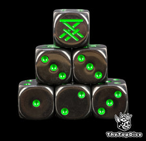 Six black Skaven dice stacked, green rat rune above green pips